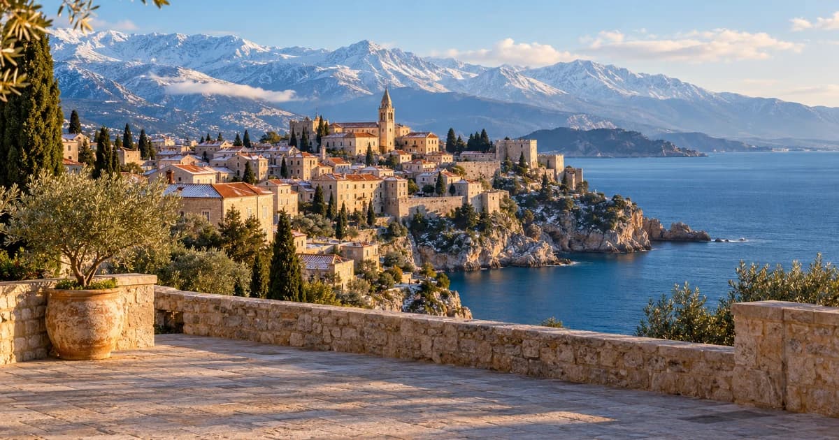 Illustration of a Mediterranean hill town above the sea in low winter sun, with snowy mountains behind