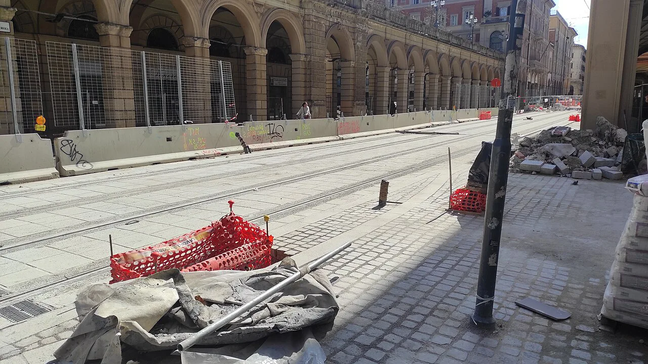 Tramway construction works in Via dell'Indipendenza, Bologna, March