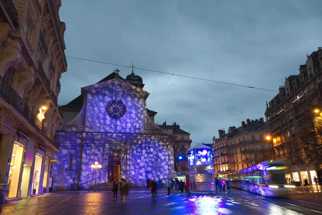 Church and tram blue spot lights, Grenoble