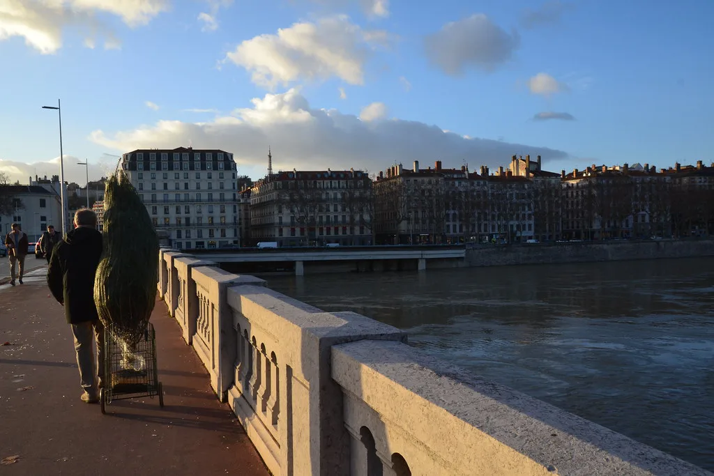 Xmas tree crossing a bridge, Lyon
