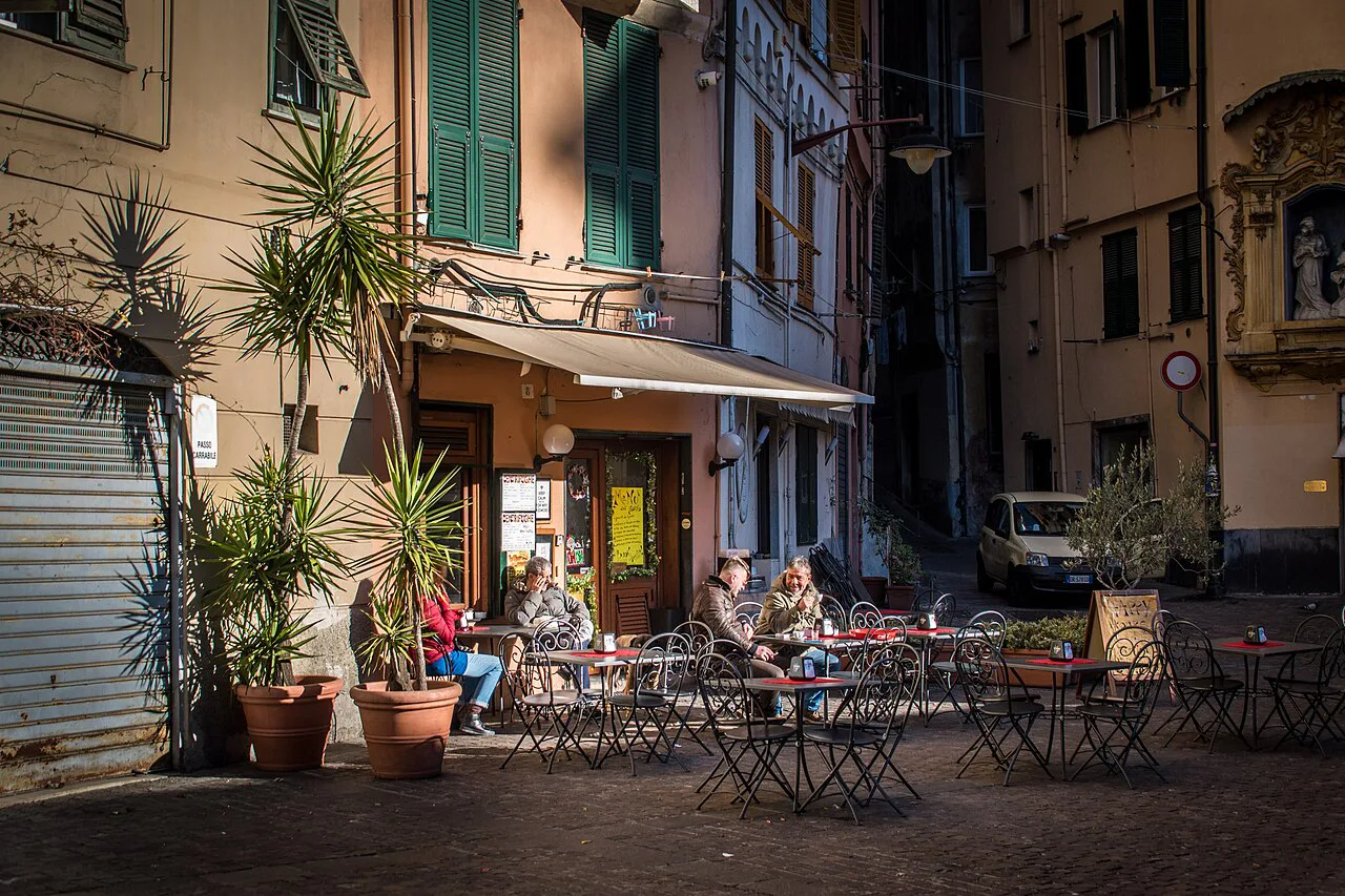 Sunny Winter breakfast at Piazza del Carmine in Genova, Italy, Genoa